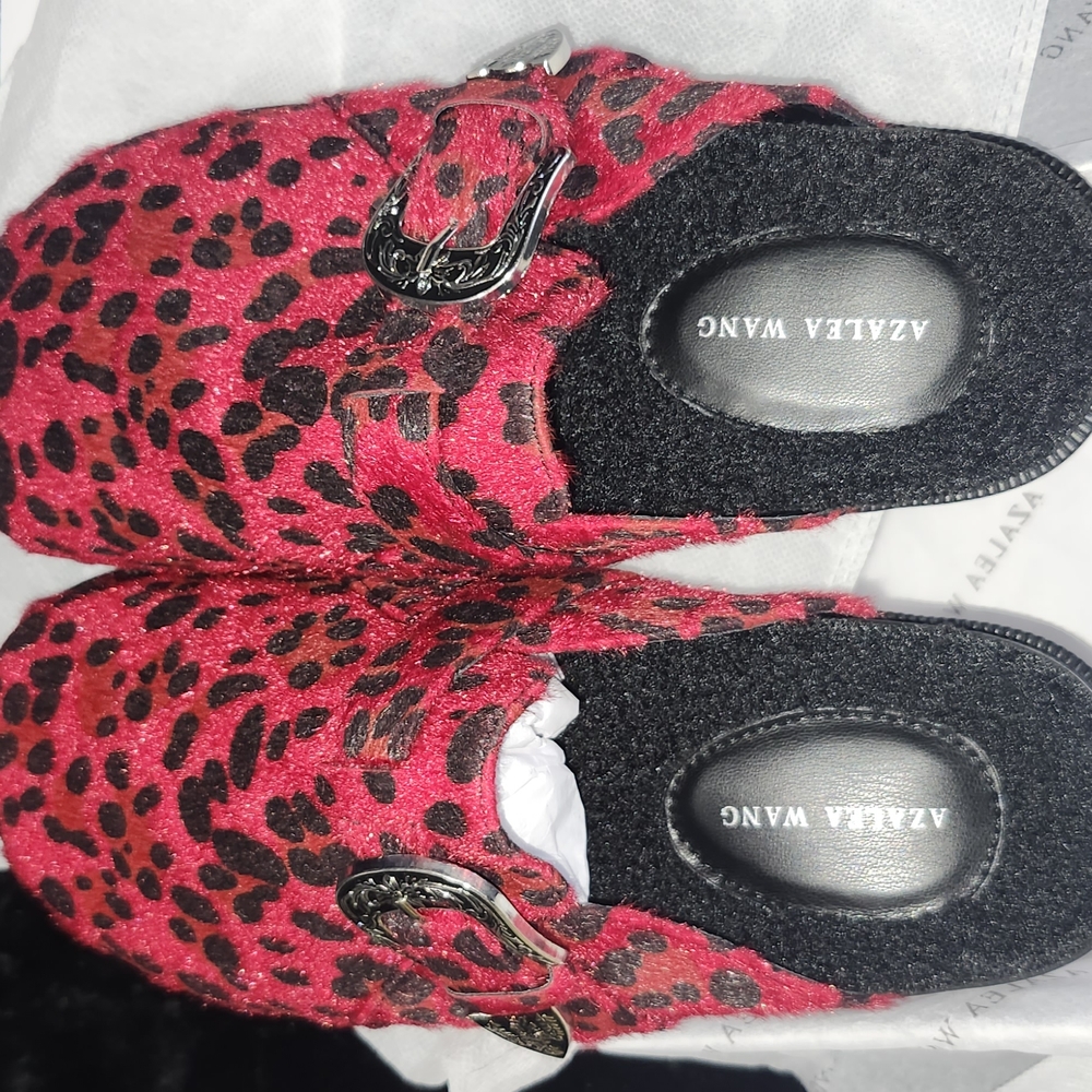 Vibrant Red Fuzzy Mules with Leopard Print